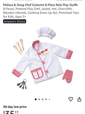 Melissa & Doug White and Red Kids Chef Dress-Up Set with Wooden Utensils